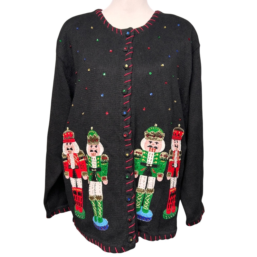 Tiara Nutcracker Christmas Cardigan Women 2X Black Beaded Sequin Ugly Sweater